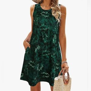 💚 SimpleFun Summer Beach Tank Sun Dress Floral Leaf Pockets Small